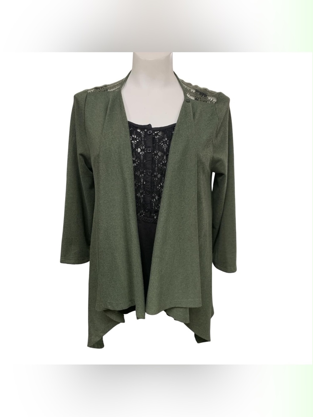 Ricki's Olive Green Open Front Draped Cardigan with Lace Shoulder Trim Size M
